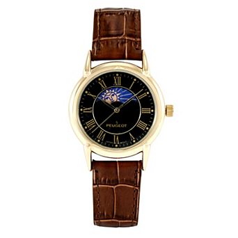 Peugeot Mens 40mm Vintage Sun Moon Leather Strap Watch