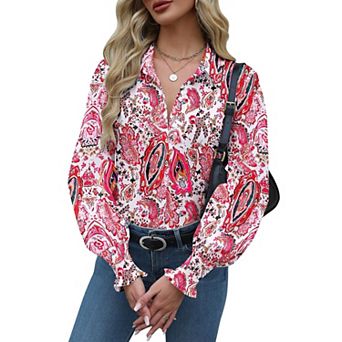 Zeagoo Women's Dressy Casual Smocked Cuffed Printed Lantern Long Sleeve Business Blouses