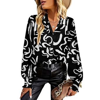 Zeagoo Women's Dressy Casual Smocked Cuffed Printed Lantern Long Sleeve Business Blouses