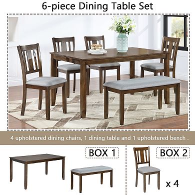 Pnronnc 6-Piece Dining Set Wood Kitchen Table Set with Rectangular Table, 4 Chairs & Bench
