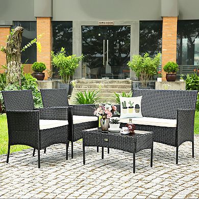 Costway 4 PCS Patio Rattan Furniture Set Cushioned Sofa Coffee Table Backyard Porch