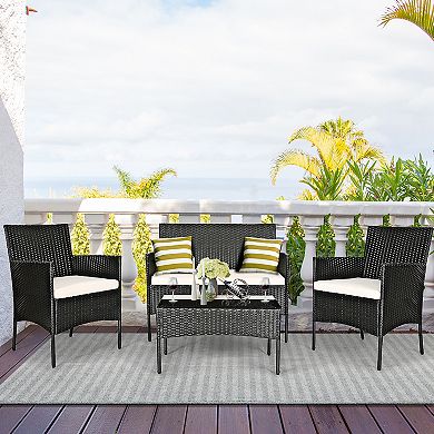 Costway 4 PCS Patio Rattan Furniture Set Cushioned Sofa Coffee Table Backyard Porch