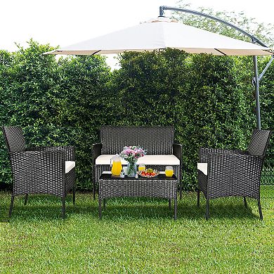 Costway 4 PCS Patio Rattan Furniture Set Cushioned Sofa Coffee Table Backyard Porch