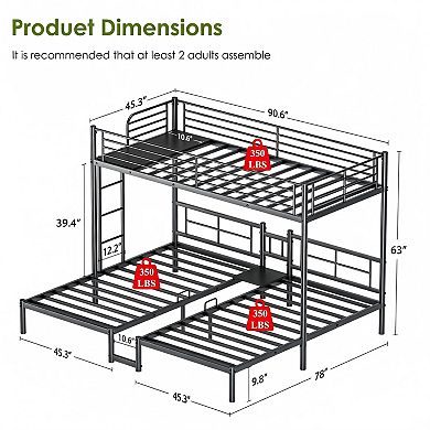 Heavy Duty Triple Twin XL Bunk Bed, Under-Bed Storage, Ladder, No Box Spring Needed for Kids Adults