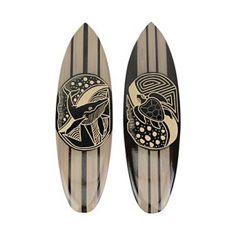 Set Of 2 Hand Carved Wood Surfboards Tiki Decor Whale Turtle Wall Hanging Art