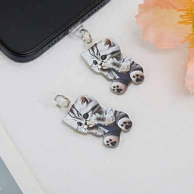 Cat Pendants Dust Plug Charm for Type-C Light Black Gray 2 Pcs