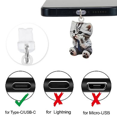 Cat Pendants Dust Plug Charm for Type-C Light Black Gray 2 Pcs