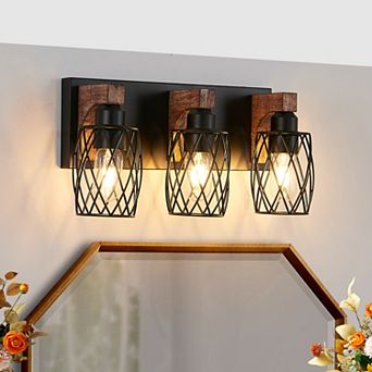 Loheer 18" Industrial Vintage 3-Light Cage Wall Lighting with Wooden Accents, Bulb Not Included