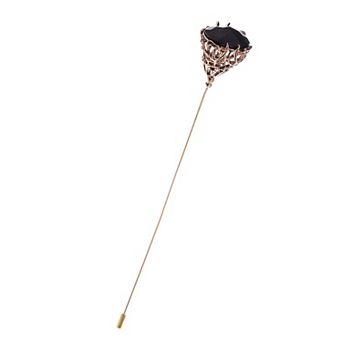 Hat Pin Golden Retro Hollow Out Design Inlaid with Artificial Obsidian Vintage Inspired Brooch