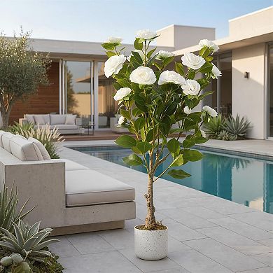 2.95ft Faux Camellia with Speckled Planter & 16 White Flowers