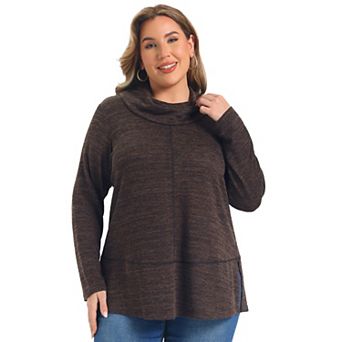 Women's Plus Size Knit Tops Cowl Neck Long Sleeve Split Hem Fall Winter Pullover Sweater