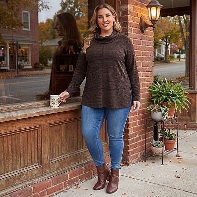 Women's Plus Size Knit Tops Cowl Neck Long Sleeve Split Hem Fall Winter Pullover Sweater