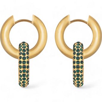 Women's Gold Tone Hoop Earrings with Emerald Green Crystal Encrusted Accent Fashion Ring