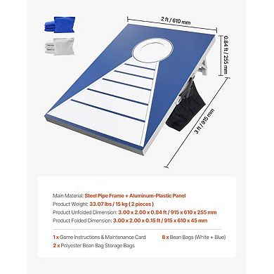 Portable Cornhole Game Set 3 x 2 ft Steel Frame Aluminum-Plastic Boards - Blue and White