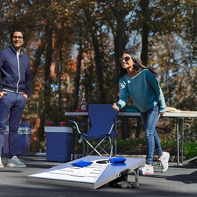 Portable Cornhole Game Set 3 x 2 ft Steel Frame Aluminum-Plastic Boards - Blue and White