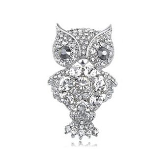 Silvery Tone Shinny Clear Crystal Rhinestones Wise Owl Animal Brooch Pin