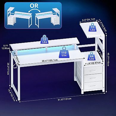 YIORTWO Gaming Desk with LED Lights & Power Outlet, Computer Desk with Drawers & Stand