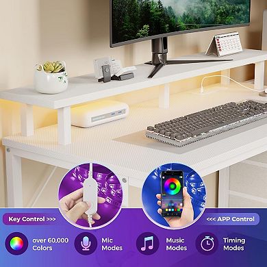 YIORTWO Gaming Desk with LED Lights & Power Outlet, Computer Desk with Drawers & Stand