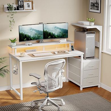 YIORTWO Gaming Desk with LED Lights & Power Outlet, Computer Desk with Drawers & Stand