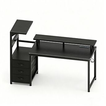 YIORTWO Gaming Desk with LED Lights & Power Outlet, Computer Desk with Drawers & Stand