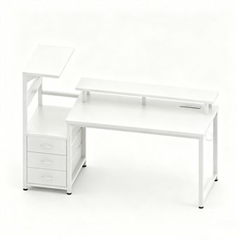 YIORTWO Gaming Desk with LED Lights & Power Outlet, Computer Desk with Drawers & Stand