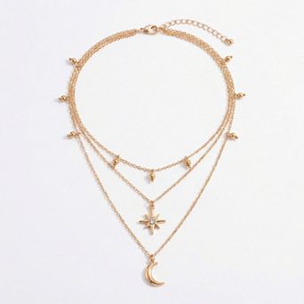 Layered Necklace with Star and Moon Pendant Crystal Accent Multi Strand Adjustable Chain Jewelry