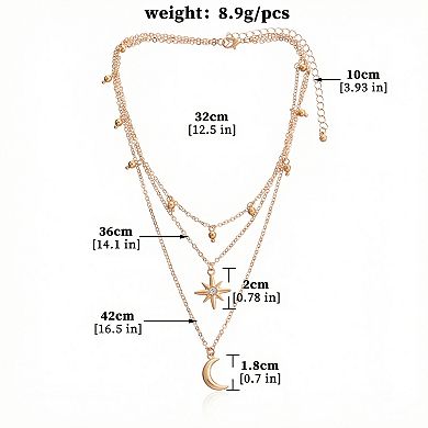 Layered Necklace with Star and Moon Pendant Crystal Accent Multi Strand Adjustable Chain Jewelry
