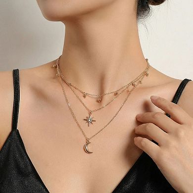 Layered Necklace with Star and Moon Pendant Crystal Accent Multi Strand Adjustable Chain Jewelry