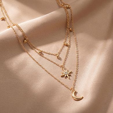 Layered Necklace with Star and Moon Pendant Crystal Accent Multi Strand Adjustable Chain Jewelry