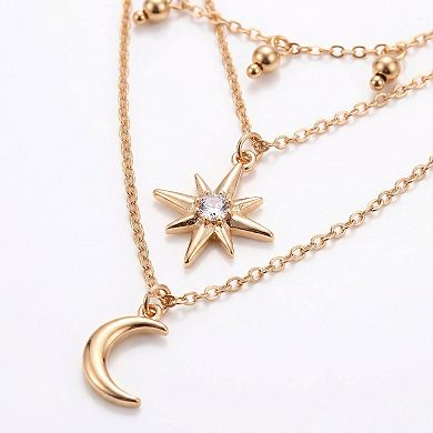 Layered Necklace with Star and Moon Pendant Crystal Accent Multi Strand Adjustable Chain Jewelry