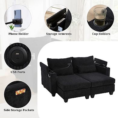 Pnronnc Corduroy Loveseat Sofa, Sleeper Sofa Bed with USB Ports, Two Cup Holders and Phone Stand