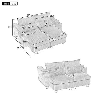 Pnronnc Corduroy Loveseat Sofa, Sleeper Sofa Bed with USB Ports, Two Cup Holders and Phone Stand