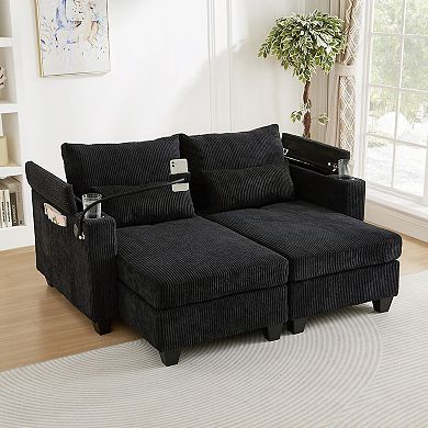 Pnronnc Corduroy Loveseat Sofa, Sleeper Sofa Bed with USB Ports, Two Cup Holders and Phone Stand