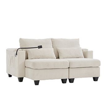 Pnronnc Corduroy Loveseat Sofa, Sleeper Sofa Bed with USB Ports, Two Cup Holders and Phone Stand