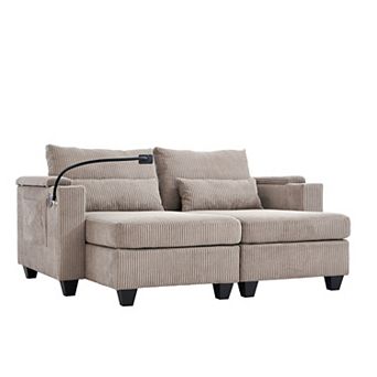 Pnronnc Corduroy Loveseat Sofa, Sleeper Sofa Bed with USB Ports, Two Cup Holders and Phone Stand