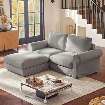 81.5" Cloud Loveseat Sofa with Ottoman, Deep Seat Slipcovered Couch for Living Room