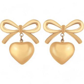Women's Bow Dangle Heart Drop Fashion Earrings Gold Tone Playful Love Design