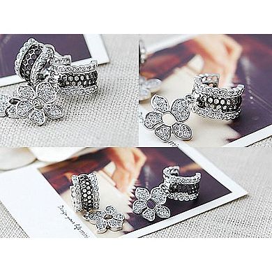 Womens Crystal Silver Tone Clear Rhinestone Tropical Flower Cuff Earrings