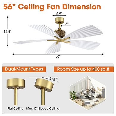 56" Tropical Palm Leaf 5-Blade Indoor Outdoor Ceiling Fan with Remote, No Light
