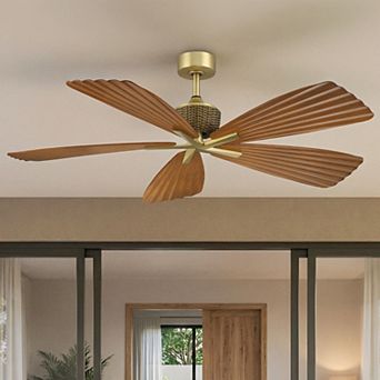 56" Tropical Palm Leaf 5-Blade Indoor Outdoor Ceiling Fan with Remote, No Light