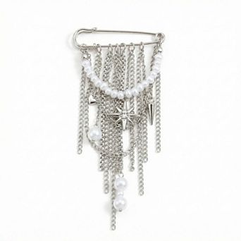 Women's Safety Pin Brooch Chain Fringe Tassel Pearl Bead Detail Star Charm Design