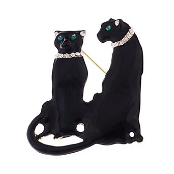 Golden Tone Tuquoise Blue Eyed Spotted Leopard Family Twin Lover Brooch Pin