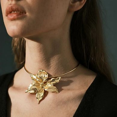 Women's Sculpted Flower Pendant Necklace with Smooth Metal Finish Statement Jewelry