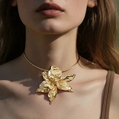 Women's Sculpted Flower Pendant Necklace with Smooth Metal Finish Statement Jewelry
