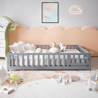 KWPZQEB Full Size Floor Platform Bed with Fence and Door, Support Slats