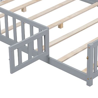 KWPZQEB Full Size Floor Platform Bed with Fence and Door, Support Slats