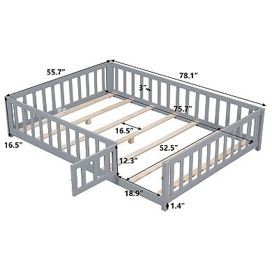 KWPZQEB Full Size Floor Platform Bed with Fence and Door, Support Slats