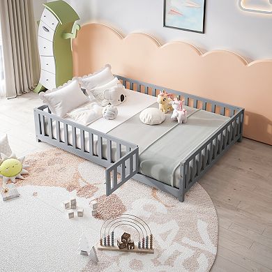 KWPZQEB Full Size Floor Platform Bed with Fence and Door, Support Slats