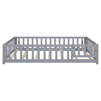 KWPZQEB Full Size Floor Platform Bed with Fence and Door, Support Slats