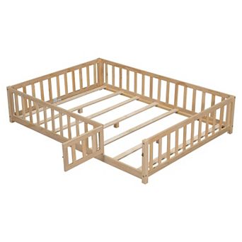 KWPZQEB Full Size Floor Platform Bed with Fence and Door, Support Slats